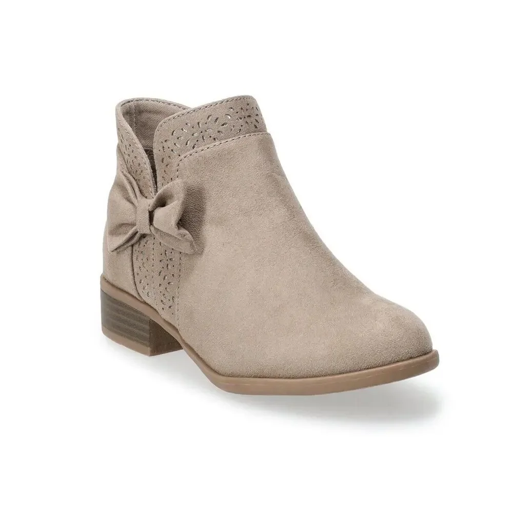 SO Alexa Taupe Tan Sparkle Cut Out Bow Faux Suede Girls Ankle Boots Shoes Size 3